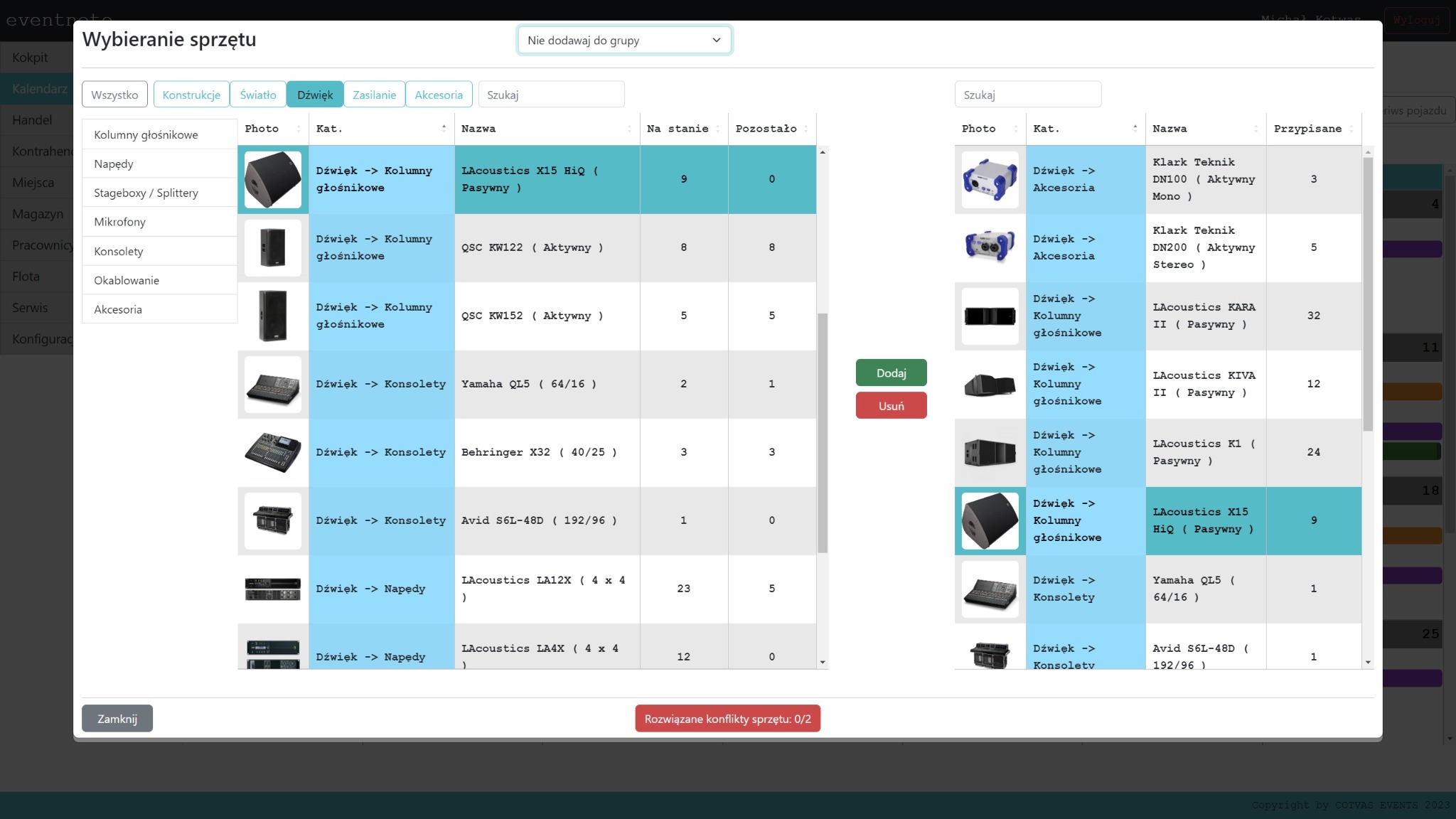Interfejs aplikacji do zarządzania sprzętem audio, prezentujący listę kolumn głośnikowych i konsol mikserskich z informacjami o dostępności i nazwach modeli, takich jak LAcoustics X15 HiQ i Yamaha...