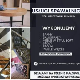Kolaż zdjęć prezentujący usługi spawalnicze: stolik kawowy z drewnianym blatem i metalową podstawą, schody z metalową balustradą o geometrycznym wzorze oraz schody z balustradą ze stali nierdzewnej.