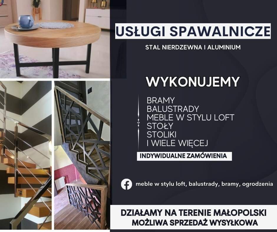 Kolaż zdjęć prezentujący usługi spawalnicze: stolik kawowy z drewnianym blatem i metalową podstawą, schody z metalową balustradą o geometrycznym wzorze oraz schody z balustradą ze stali nierdzewnej.