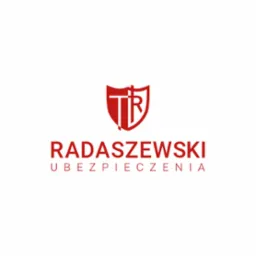 Czerwone logo firmy ubezpieczeniowej Radaszewski na białym tle, przedstawiające herb z literami TR.