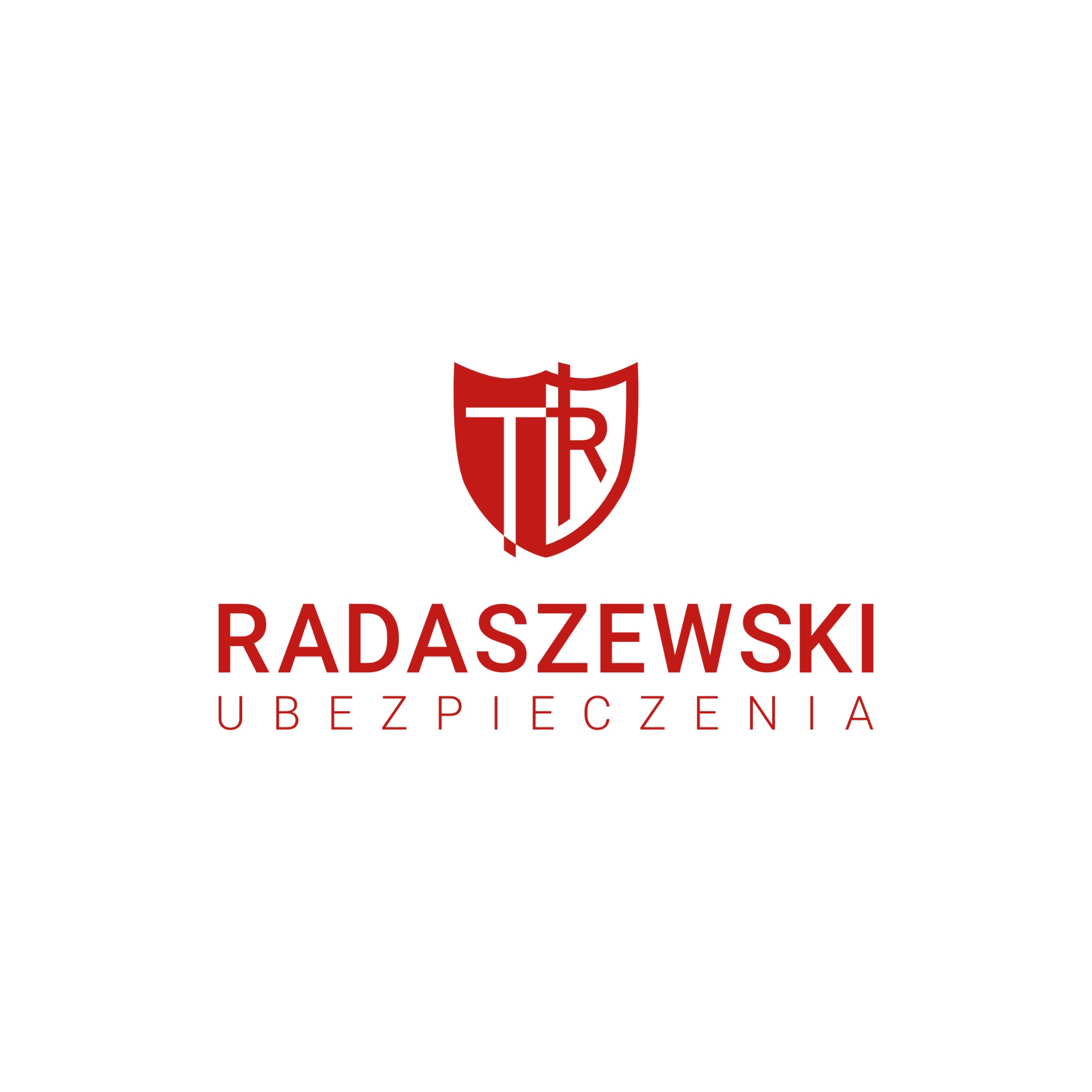 Czerwone logo firmy ubezpieczeniowej Radaszewski na białym tle, przedstawiające herb z literami TR.
