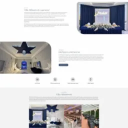 Strona internetowa sali bankietowej Villa Milanówek z widocznymi elementami graficznymi i zdjęciami wnętrz, w tym dekoracji weselnych i sali bankietowej.