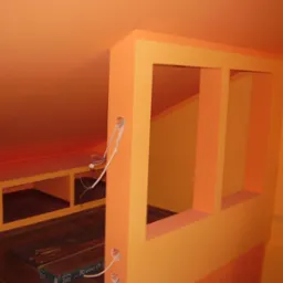 Pomarańczowe wnętrze poddasza po malowaniu, z drewnianą podłogą w trakcie montażu, widoczne kable elektryczne i grzejnik.