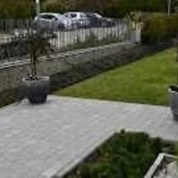 Ułożona szara kostka brukowa na podjeździe, obok trawnik z dwoma donicami z roślinami i ozdobnymi krzewami, w tle ogrodzenie i zaparkowane samochody.