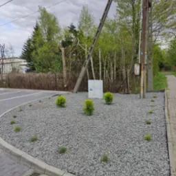 Krawężnik z szarym żwirem, małymi krzewami i młodą trawą, obok słup energetyczny i szara szafka elektryczna.