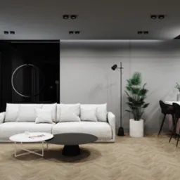 Nowoczesne wnętrze mieszkania z teksturowaną sofą, okrągłymi stolikami kawowymi i wyspą kuchenną z aksamitnymi hokerami, oświetlone designerską lampą.