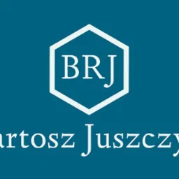 Logo firmy z inicjałami BRJ w białym sześciokącie na niebieskim tle, poniżej biały napis 'Bartosz Juszczyk'.