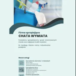 Grafika reklamowa firmy sprzątającej Chata Wymiata, prezentująca wiadro z profesjonalnymi środkami czystości i akcesoriami do sprzątania, z widocznym logo i ofertą usług.