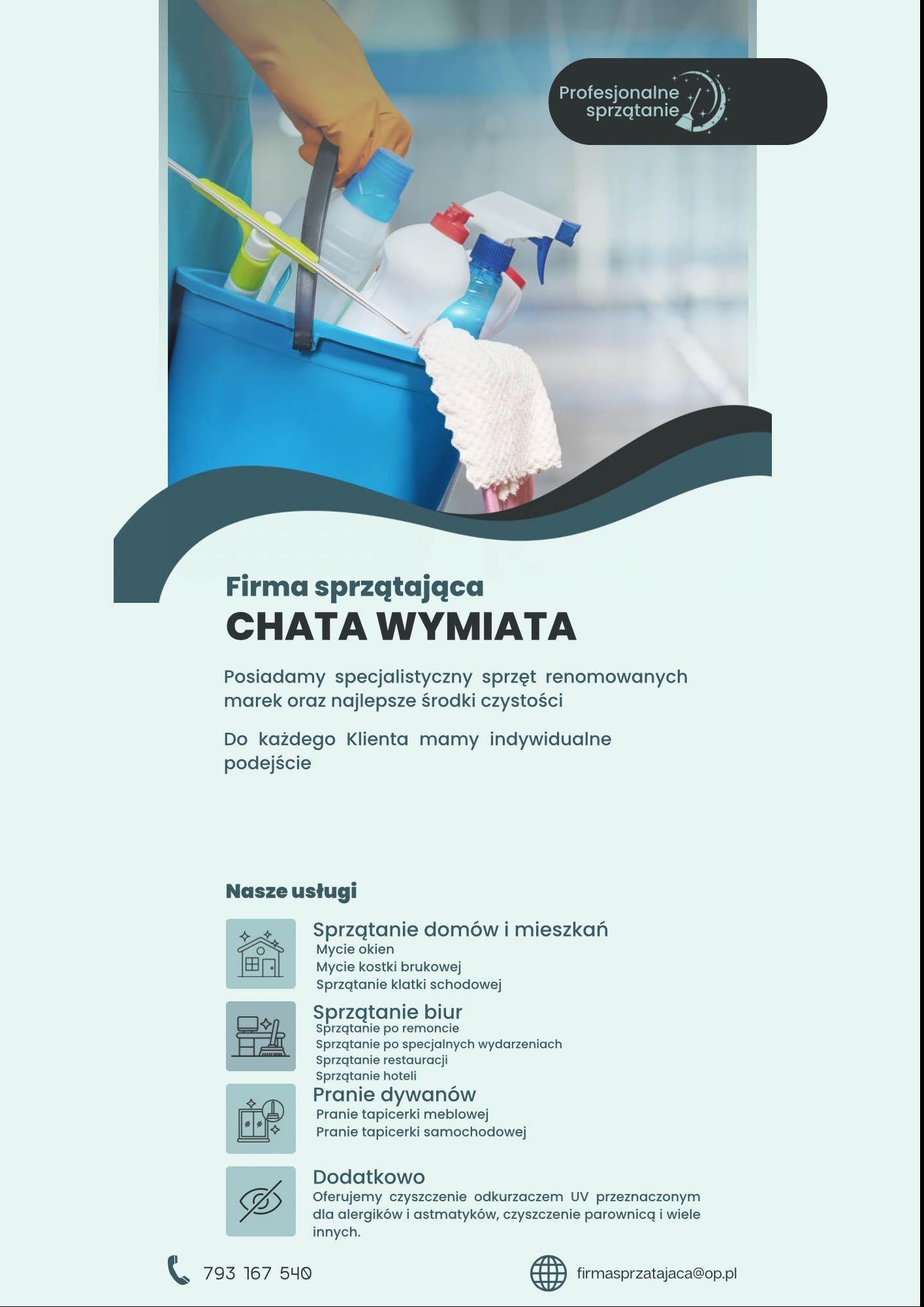 Grafika reklamowa firmy sprzątającej Chata Wymiata, prezentująca wiadro z profesjonalnymi środkami czystości i akcesoriami do sprzątania, z widocznym logo i ofertą usług.