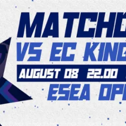 Grafika promująca mecz e-sportowy: MATCHDAY VS EC KINGZ, data 08 sierpnia, ESEA OPEN, stylizowany ninja po lewej stronie.