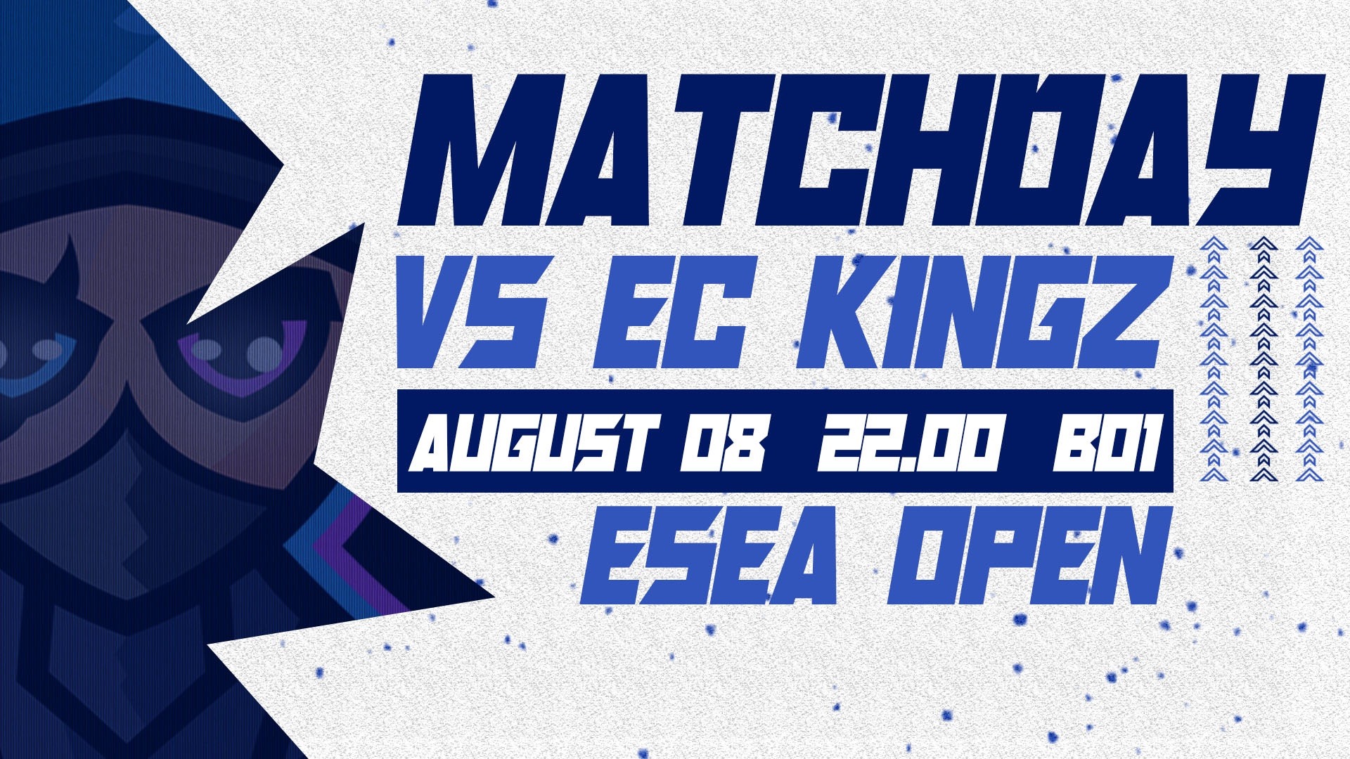 Grafika promująca mecz e-sportowy: MATCHDAY VS EC KINGZ, data 08 sierpnia, ESEA OPEN, stylizowany ninja po lewej stronie.