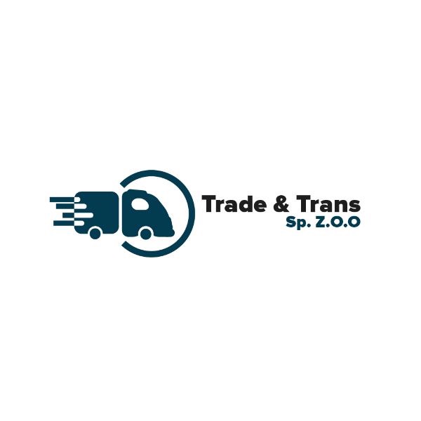 Logo firmy transportowej Trade & Trans Sp. Z.O.O. przedstawiające stylizowaną ciężarówkę z trzema poziomymi liniami symbolizującymi ruch, umieszczoną w okręgu.