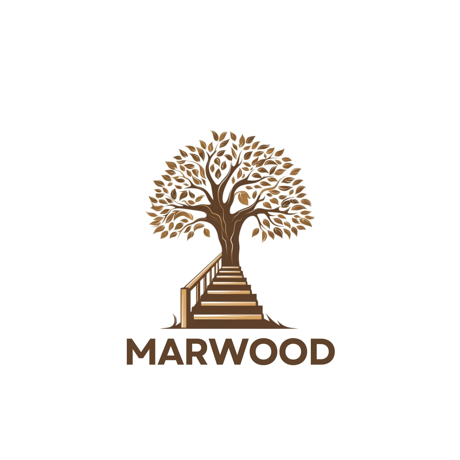 Ilustracja drzewa z koroną z liści i pniem przechodzącym w schody z brązową balustradą, nad napisem 'MARWOOD'. Grafika w odcieniach brązu na białym tle.