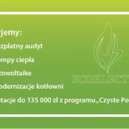 Grafika reklamowa firmy EcoElectra oferującej bezpłatny audyt, pompy ciepła, fotowoltaikę, modernizacje kotłowni oraz dotacje z programu Czyste Powietrze do 135 000 zł, na zielonym tle z logo firmy.