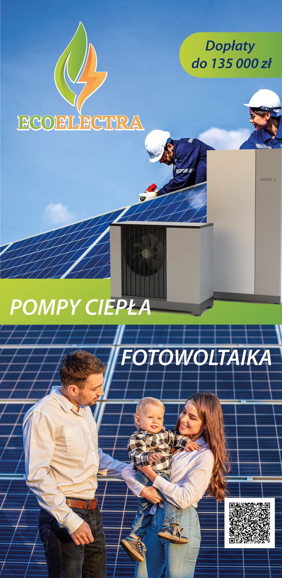 Grafika reklamowa: logo EcoElectra, instalacja paneli fotowoltaicznych przez dwóch monterów w kaskach, jednostka zewnętrzna pompy ciepła, rodzina z dzieckiem na tle paneli fotowoltaicznych...