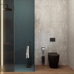 Inargo - Nowoczesna łazienka z kabiną prysznicową typu walk-in z podświetleniem LED, ciemnozieloną ścianą, czarną armaturą i wiszącą toaletą w minimalistycznym stylu.