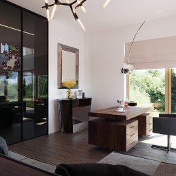 Inargo - Nowoczesne biuro domowe z drewnianym biurkiem, szarą tapicerowaną krzesłem, lampą łukową, komodą i lustrem, widok z salonu.
