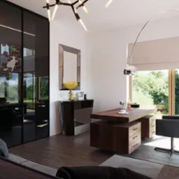 Nowoczesne biuro domowe z drewnianym biurkiem, szarą tapicerowaną krzesłem, lampą łukową, komodą i lustrem, widok z salonu.