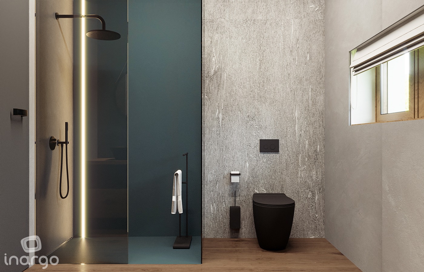 Nowoczesna łazienka z kabiną prysznicową typu walk-in z podświetleniem LED, ciemnozieloną ścianą, czarną armaturą i wiszącą toaletą w minimalistycznym stylu.