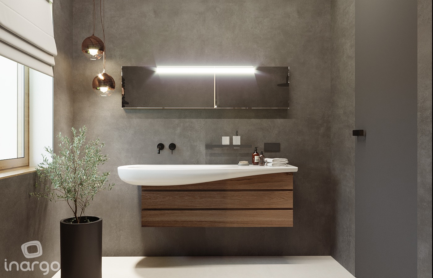 Nowoczesna łazienka z wiszącą szafką z drewnianymi frontami, umywalką o organicznym kształcie i podświetlanym lustrem na tle szarej ściany z betonową fakturą, uzupełniona dekoracyjną rośliną...