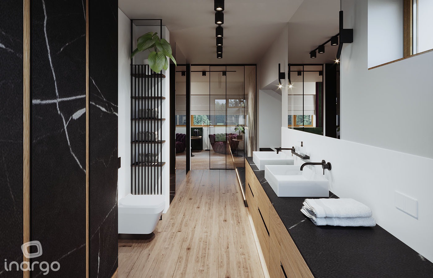 Nowoczesna łazienka z dwoma białymi umywalkami na blacie z czarnego kamienia, drewniana podłoga i drzwi przesuwne z widokiem na salon.