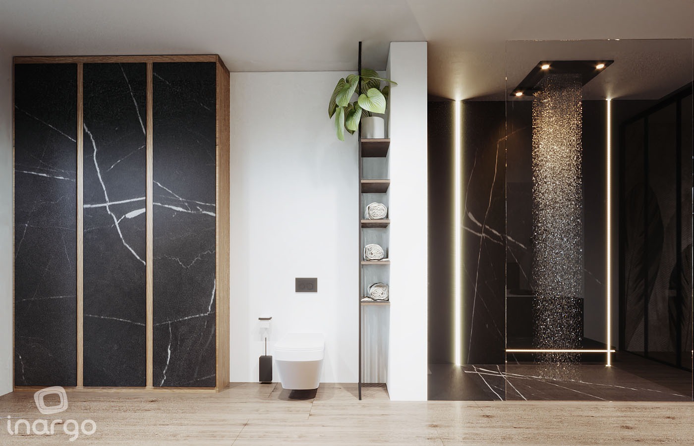Nowoczesna łazienka z kabiną prysznicową typu walk-in, wykończona czarnym marmurem z białymi żyłami, drewnianą podłogą i szafką z tego samego materiału, wisząca toaleta i półka z ręcznikami...