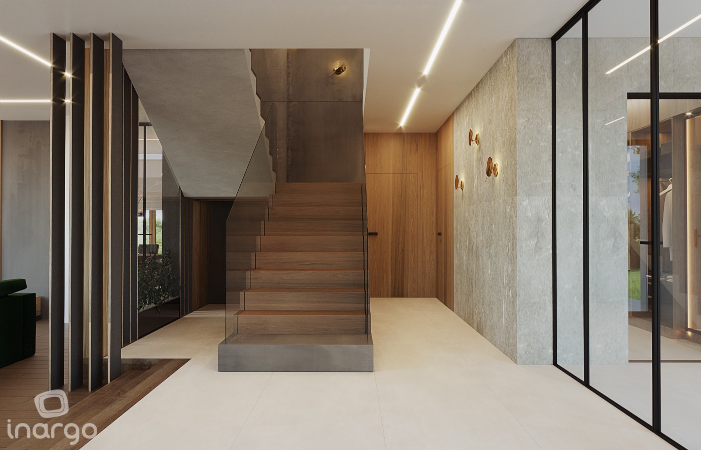 Nowoczesny hol z drewnianymi schodami z przeszkloną balustradą, oświetleniem LED i elementami dekoracyjnymi na ścianie.