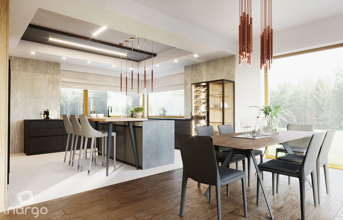 Nowoczesna kuchnia z wyspą i jadalnią, oświetlenie wiszące w miedzianym kolorze, duże okna z widokiem na zieleń, minimalistyczny design z elementami betonu i drewna.