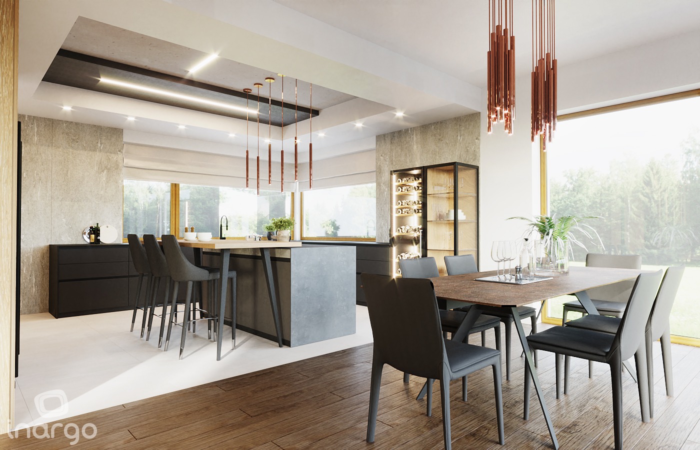 Nowoczesna kuchnia z wyspą i jadalnia w Trzebnicy. Widoczne minimalistyczne krzesła barowe, drewniany blat wyspy, czarne szafki i przeszklona witryna na wino. Nad stołem wiszą dekoracyjne lampy.