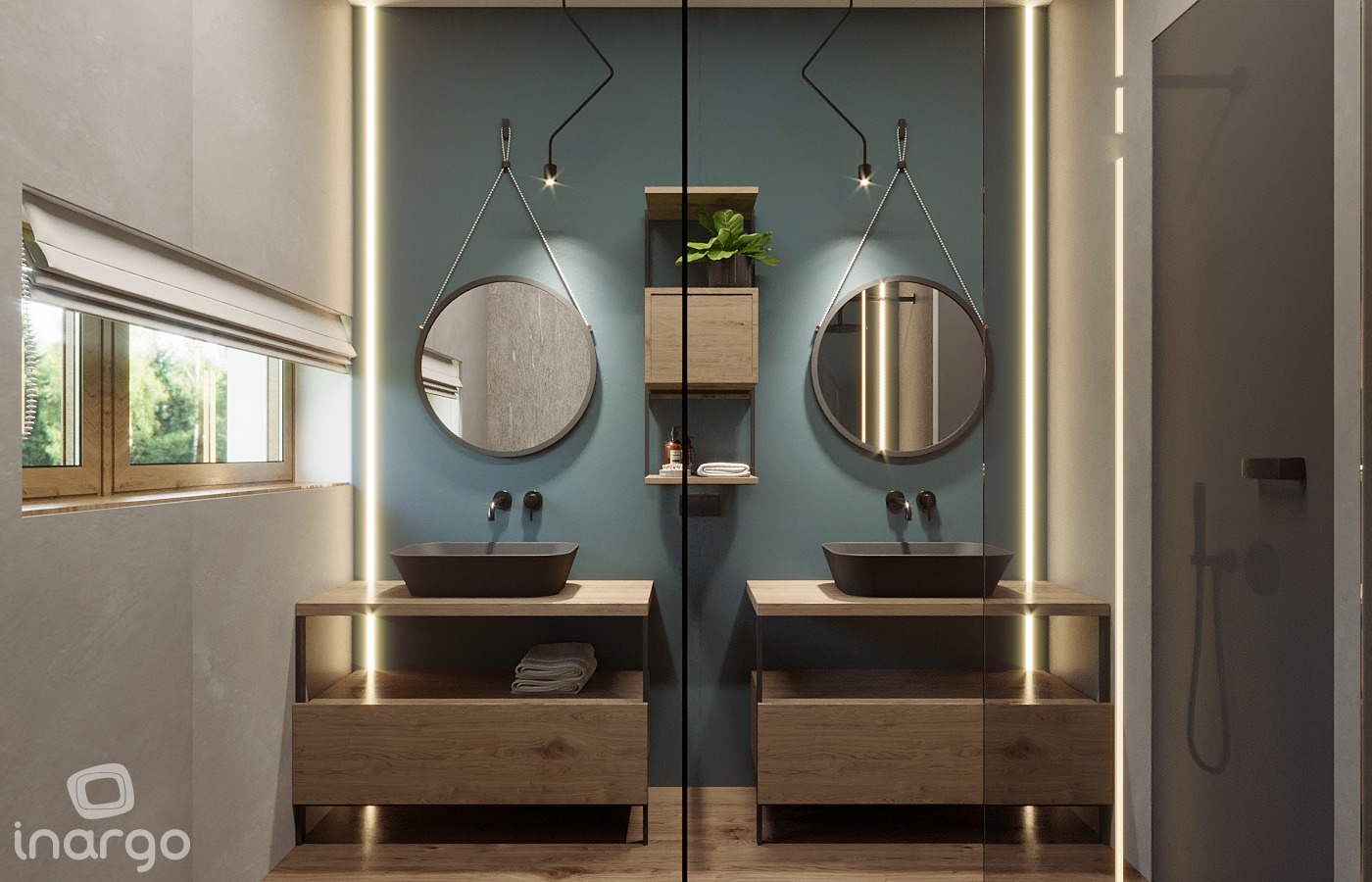 Nowoczesna łazienka z dwoma umywalkami w kształcie misy na drewnianych szafkach, okrągłe lustra zawieszone na łańcuszkach, podświetlenie LED wzdłuż ścian, minimalistyczne baterie, półka z rośliną...