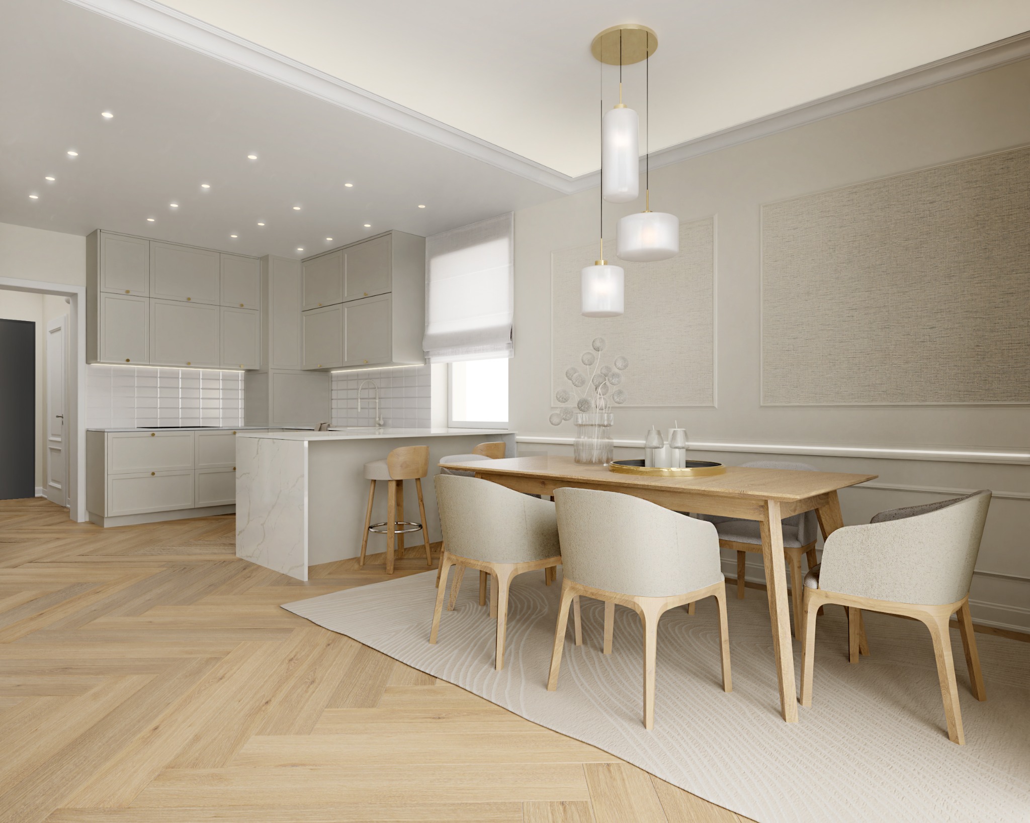 Jasna, przestronna kuchnia z wyspą i jadalnią, parkiet w jodełkę, beżowe meble, białe blaty, minimalistyczne oświetlenie wiszące nad stołem.