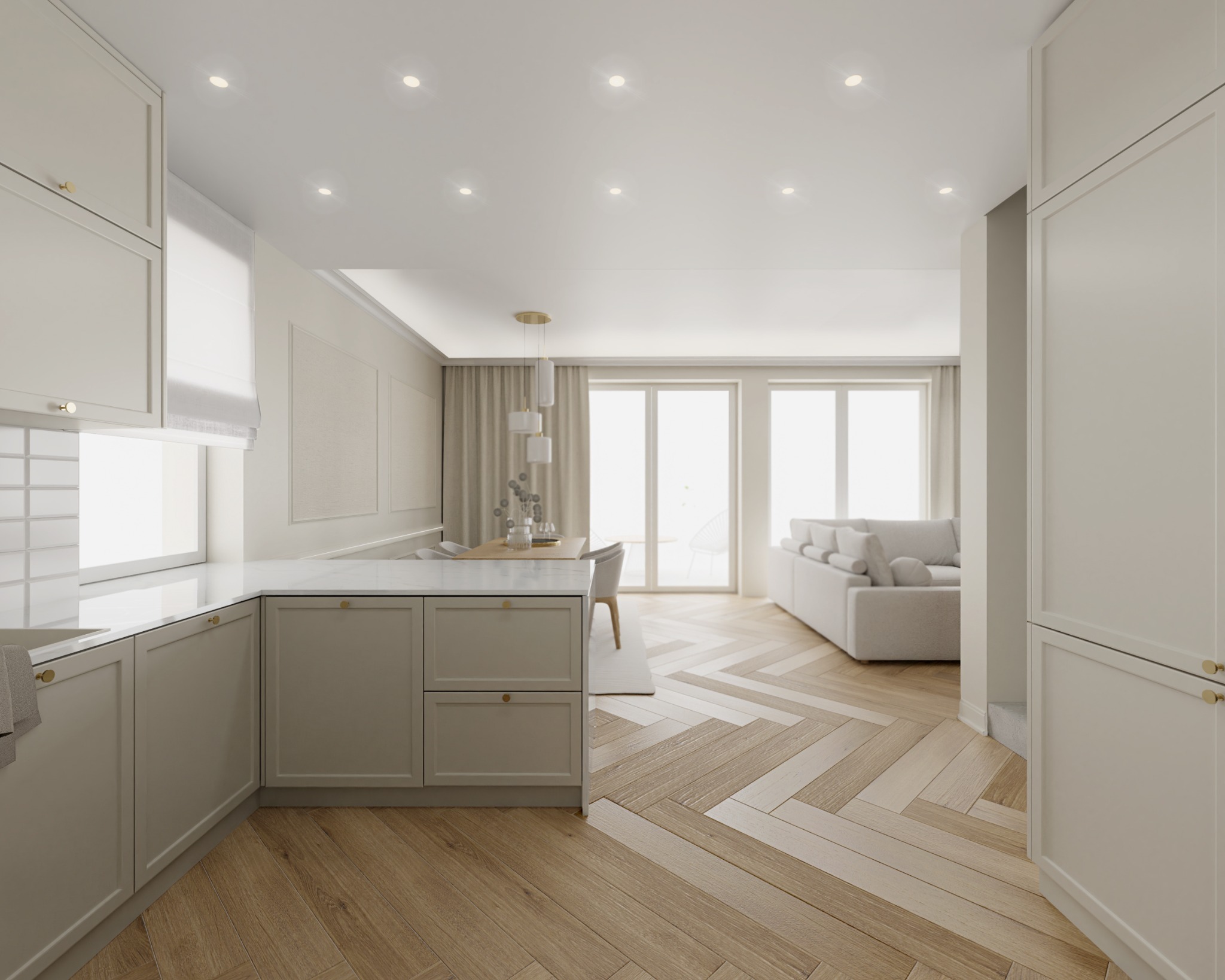 Jasna kuchnia w otwartym planie z drewnianą podłogą w jodełkę, widok na salon z sofą w tle, minimalistyczny design.