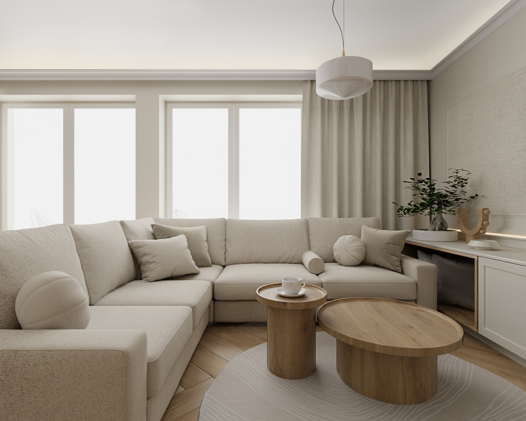 Jasny narożnik z poduszkami i okrągłymi stolikami kawowymi na dywanie w salonie z dużymi oknami i rośliną w tle.