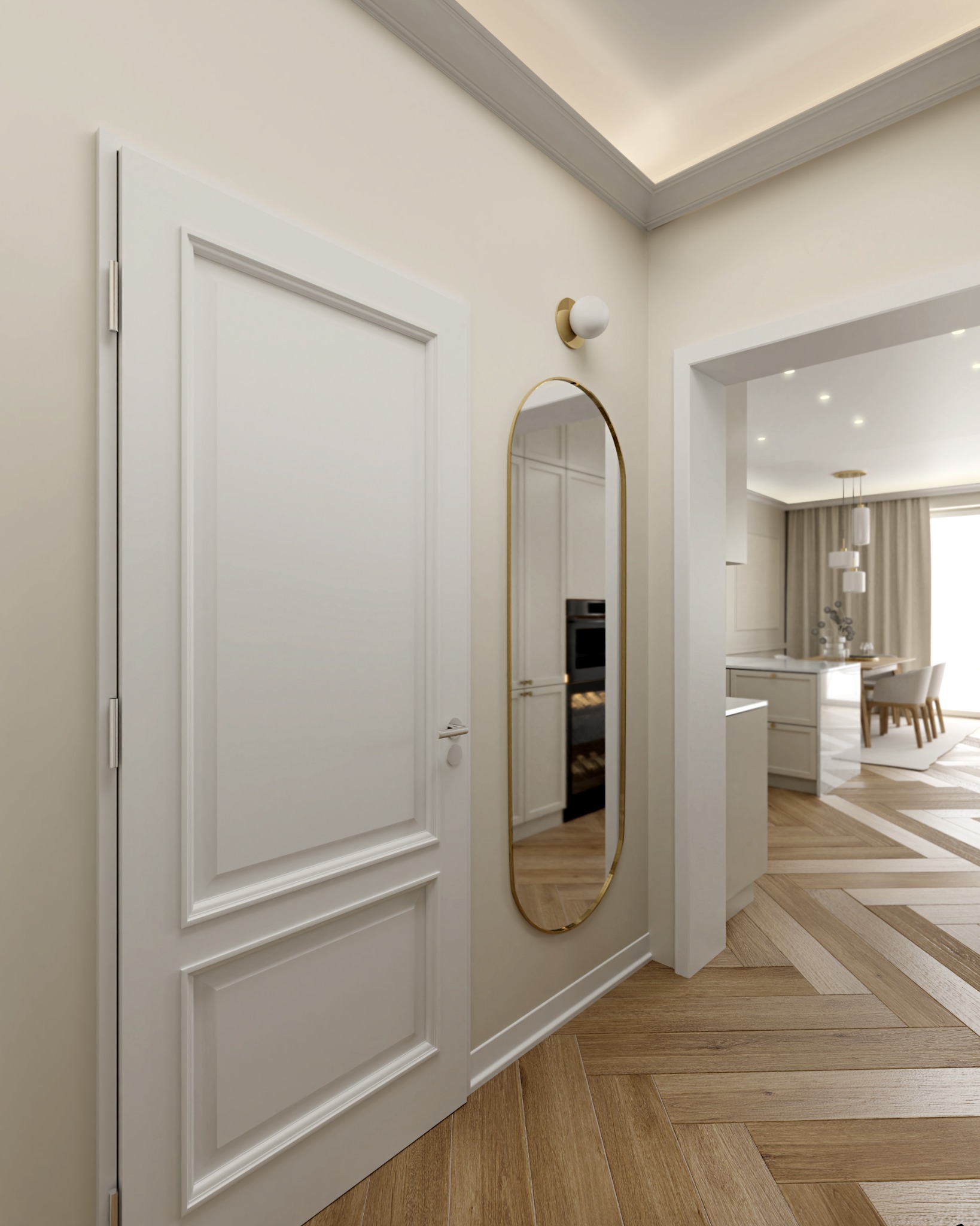 Korytarz w jasnych barwach z parkietem w jodełkę, białymi drzwiami z dekoracyjnymi panelami, owalnym lustrem w złotej ramie i widokiem na kuchnię.