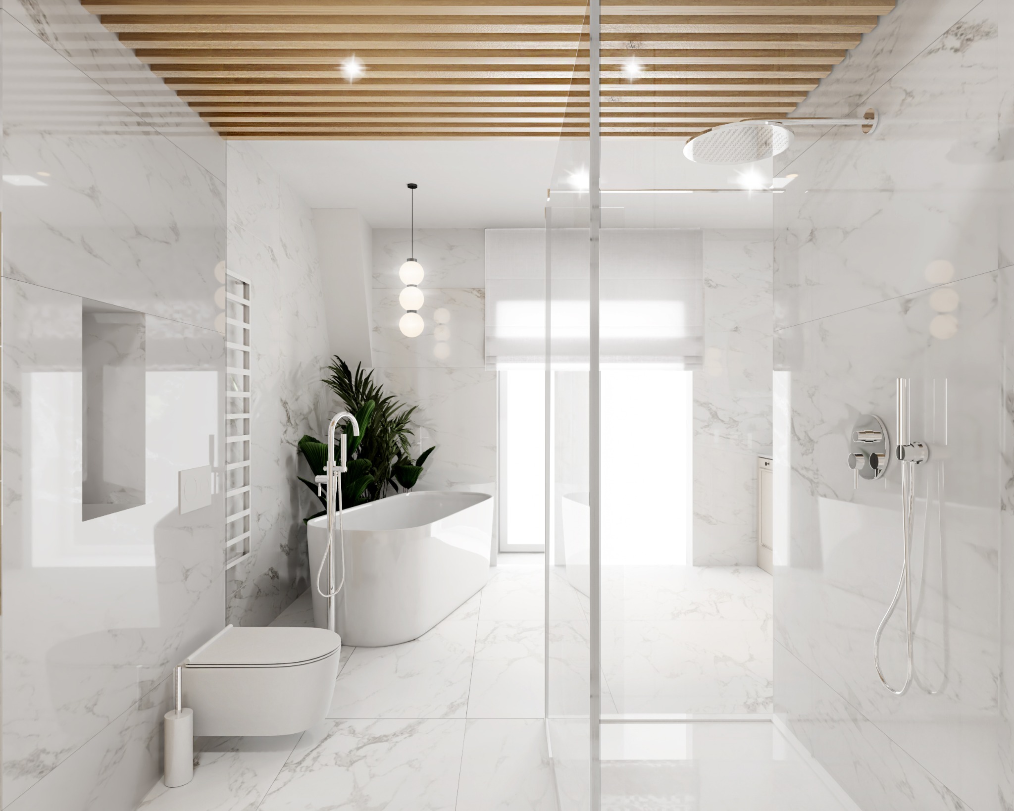 Jasna łazienka z marmurowymi płytkami, drewnianym sufitem lamelowym, wolnostojącą wanną, szklaną kabiną prysznicową i rośliną doniczkową.