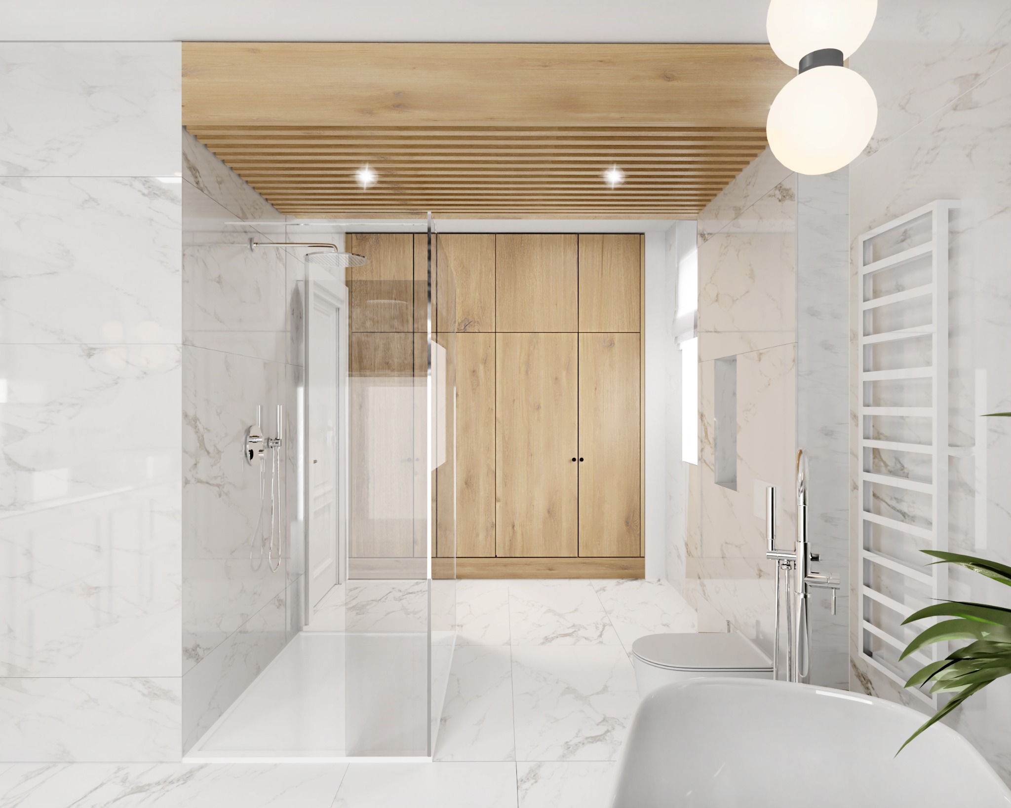 Nowoczesna łazienka z marmurowymi płytkami, kabiną prysznicową typu walk-in, drewnianą zabudową szaf i podwieszanym sufitem z drewnianych listew.