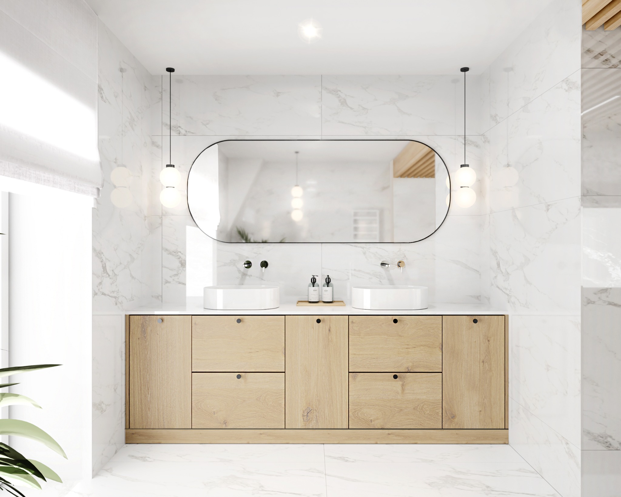 Nowoczesna łazienka z marmurowymi płytkami, dwiema białymi umywalkami nablatowymi, szafką z jasnego drewna, owalnym lustrem i wiszącymi lampami kulami.
