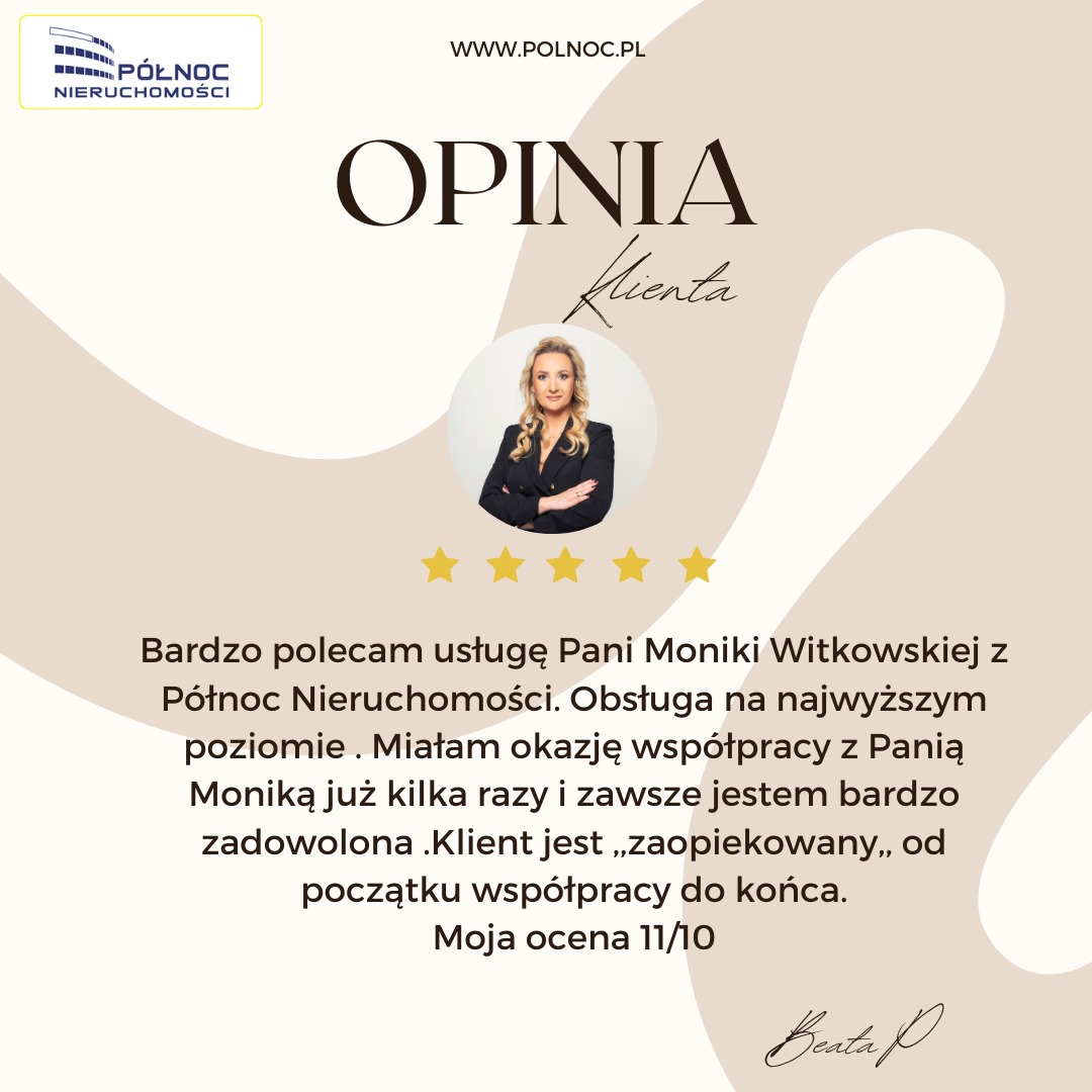Grafika z opinią klientki Beaty P. o usłudze Pani Moniki Witkowskiej z Północ Nieruchomości, ocena 11/10, pięć gwiazdek.