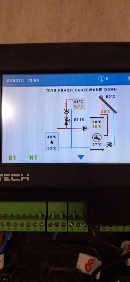 Widok pracy instalacji grzewczej z kolektorem słonecznym