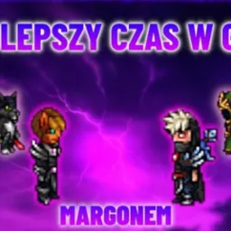 Grafika z gry Margonem przedstawiająca cztery postacie pikselowe na tle fioletowych błyskawic z napisem 'NAJLEPSZY CZAS W GRZE'.