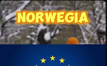 Kadr z krótkiego filmu w stylu YouTube Shorts o ciekawostkach dotyczących Norwegii, z tekstem 'NORWEGIA' nałożonym na zimowy krajobraz i motywem flagi Unii Europejskiej w dolnej części ekranu.