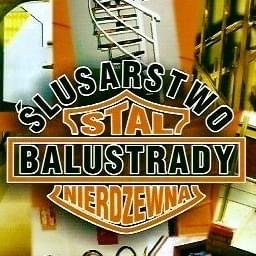 Grafika reklamowa z napisem 'Ślusarstwo Stal Balustrady Nierdzewne', w tle zarys schodów spiralnych i fragment balustrady.