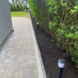 Oświetlenie ścieżki ogrodowej z lampami wzdłuż żywopłotu, widok na kostkę brukową i zadbany ogród w tle.