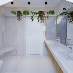ICHE Architects - Anna Swadźba - Nowoczesna łazienka z kabiną prysznicową typu walk-in, umywalką zintegrowaną z blatem, białymi płytkami i roślinami doniczkowymi na górnej półce.