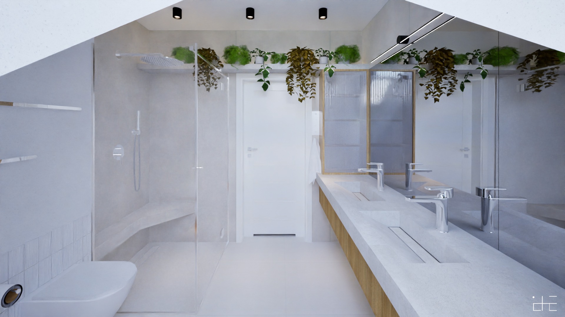 Nowoczesna łazienka z kabiną prysznicową typu walk-in, umywalką zintegrowaną z blatem, białymi płytkami i roślinami doniczkowymi na górnej półce.