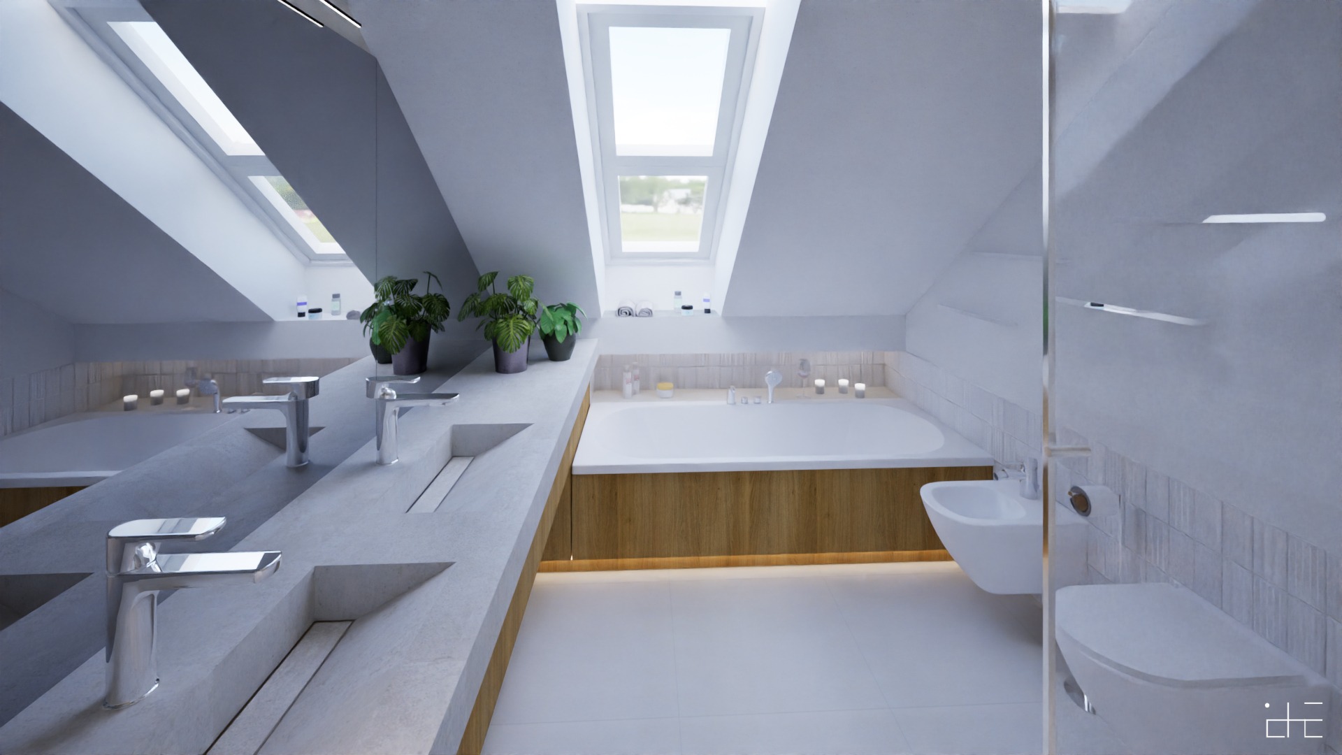 Jasna łazienka na poddaszu z oknem dachowym, podświetlaną wanną obudowaną drewnem, umywalkami wpuszczonymi w betonowy blat i roślinami doniczkowymi.