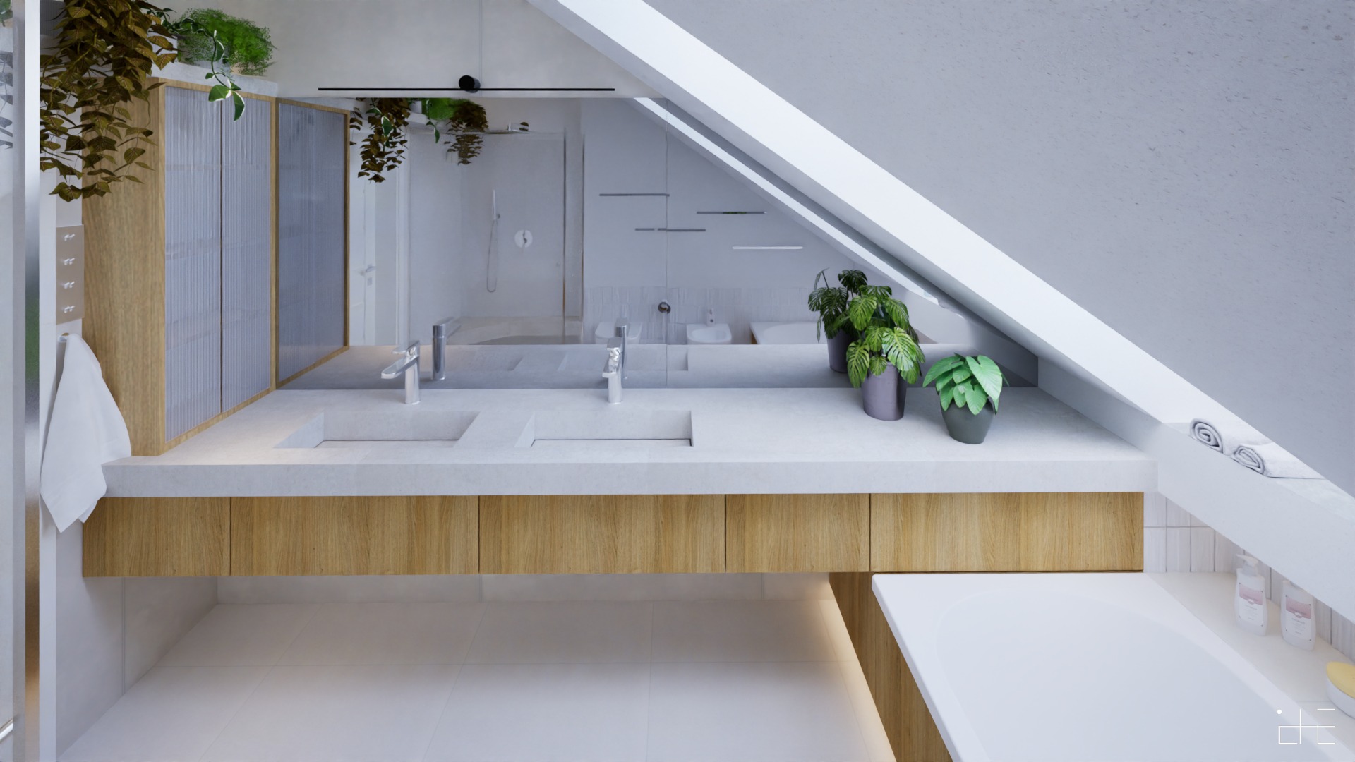 Jasna łazienka na poddaszu z drewnianą szafką pod umywalką, dwiema umywalkami nablatowymi, lustrem na całą ścianę, roślinami doniczkowymi i wiszącymi roślinami.