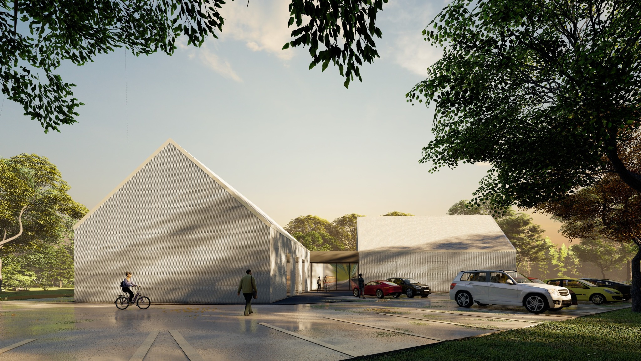 Wizualizacja nowoczesnego budynku z białej cegły z dwuspadowym dachem, otoczonego zielenią, z zaparkowanymi samochodami i osobami w ruchu.