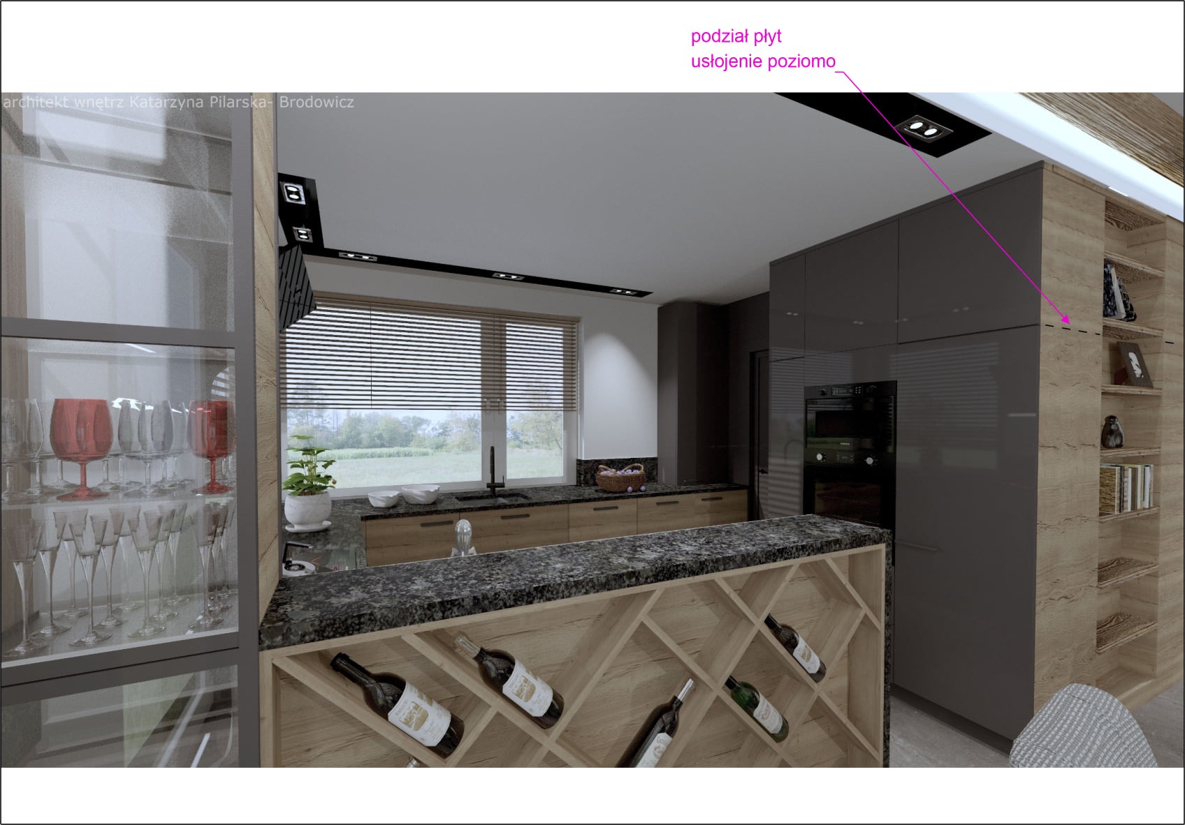Wnętrze nowoczesnej kuchni z wyspą z blatem z ciemnego granitu, drewnianym regałem na wino, szklaną witryną z kieliszkami i oknem z widokiem na zieleń.