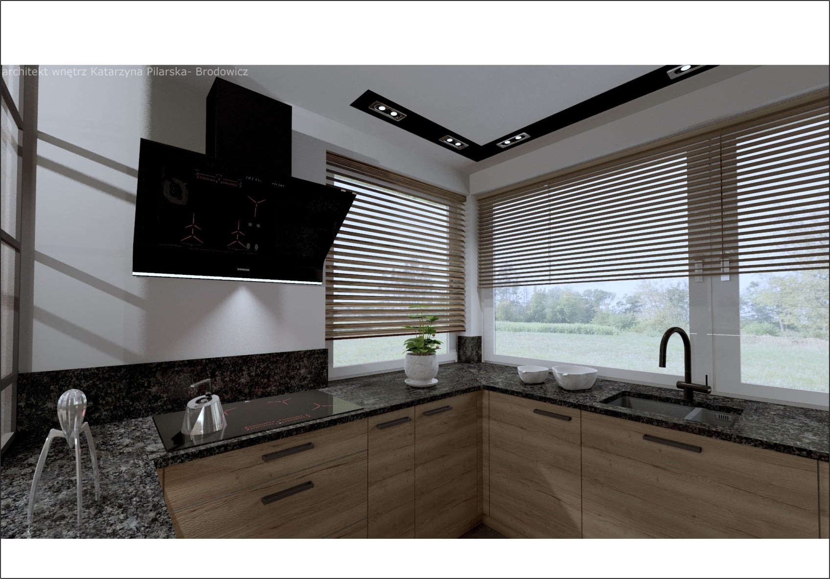 Wizualizacja kuchni z drewnianymi szafkami, czarnym blatem z granitu, płytą indukcyjną, okapem Siemens i widokiem na zielony krajobraz za oknem z żaluzjami.